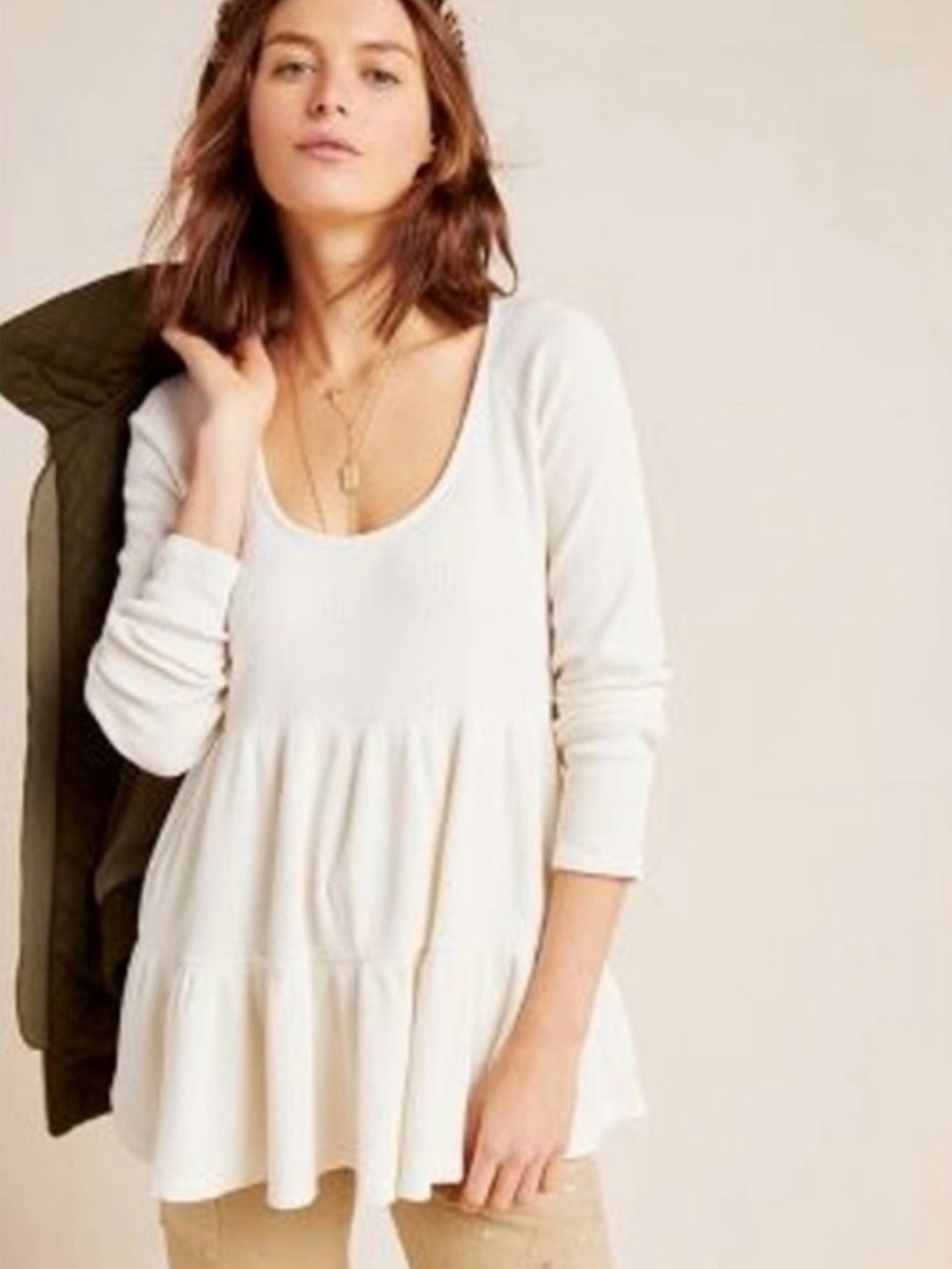 MAEVE by ANTHROPOLOGIE Samina Thermal Babydoll Top in Ivory